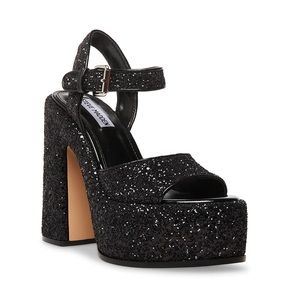 Steve Madden Sweets Black Glitter Block 5 Inch Heels Open Toe Platform NWOT